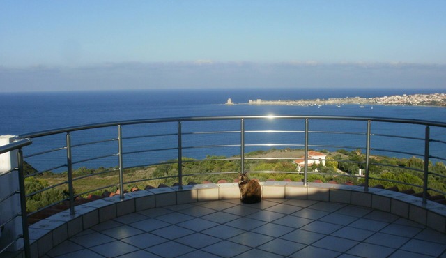 house-apartments ground floor panoramic view on sea fortress above ground pool
